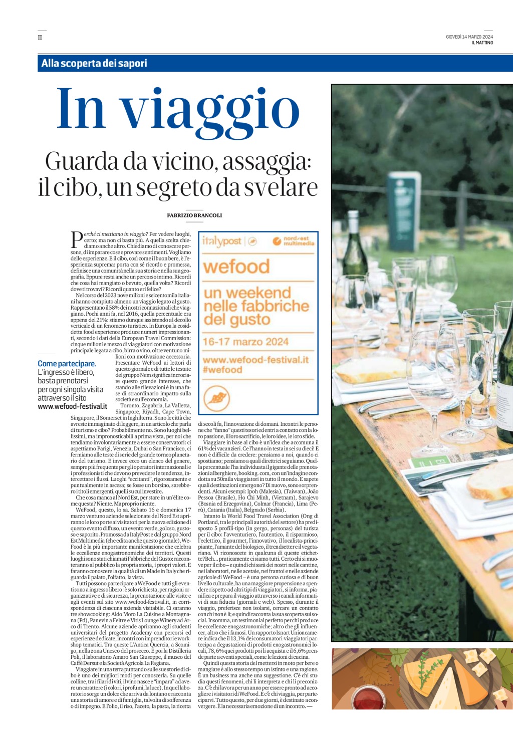 Il Mattino, 14 marzo 2024, pagina II: Guarda da vicino, assaggia: il cibo, un segreto da svelare